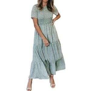 Light Green Casual Short Sleeve Bohemian Floral Tiered Maxi Dress